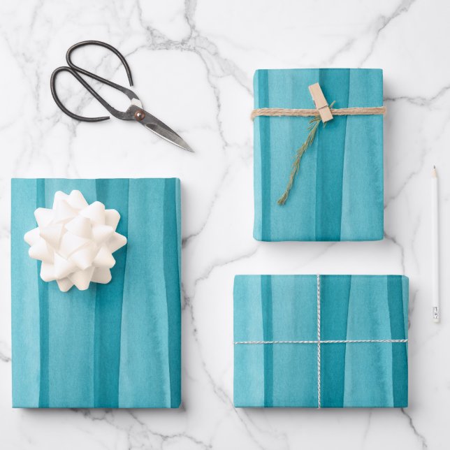 Teal Blue Watercolor Lines Pattern Wrapping Paper Sheet (Front)