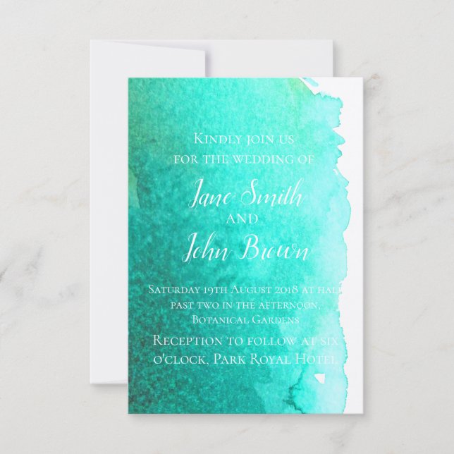 Teal blue watercolor modern art beach wedding invitation (Front)