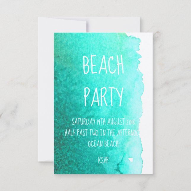 Teal blue watercolor modern beach ocean party invitation (Front)