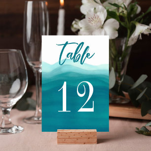 Teal Blue Watercolor Ocean Waves Beach Wedding Table Number