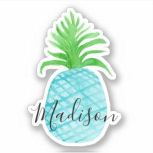 Teal Blue Watercolor Pineapple Name