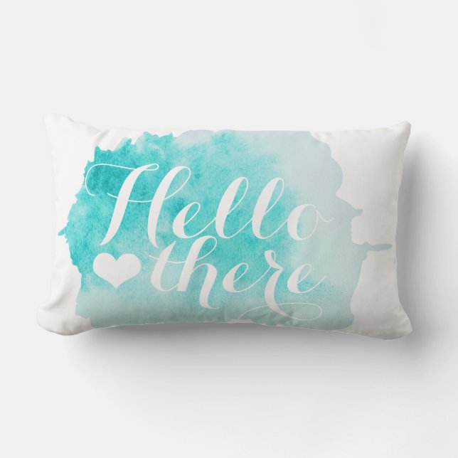 Teal Blue Watercolor Splatter Hello There Custom Lumbar Cushion (Front)