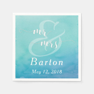Teal & Blue Watercolor Wedding Mr & Mrs Typography Napkin