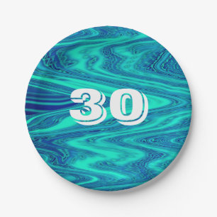 Teal Blue Waves Abstract 30th Birthday Custom Age Paper Plate