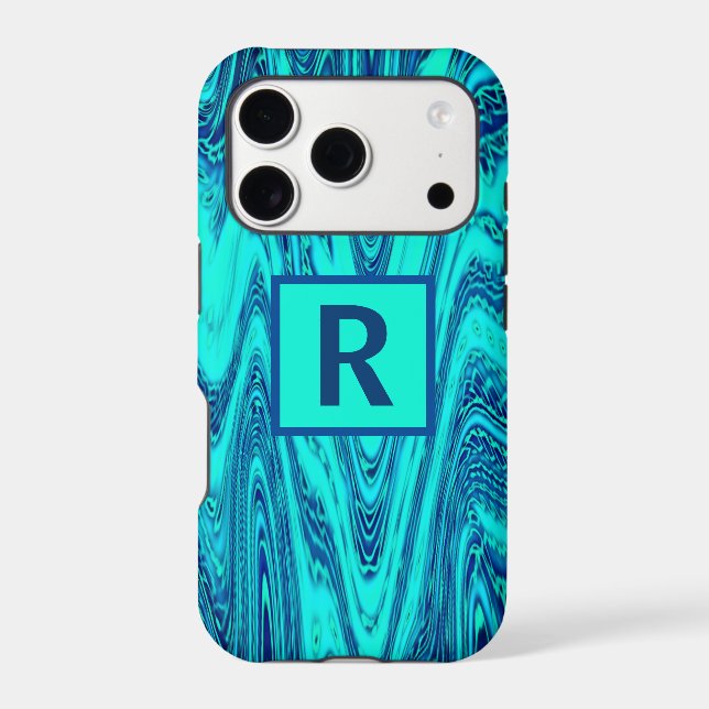 Teal Blue Wavy Abstract Patterns Monogram Initials (Back)