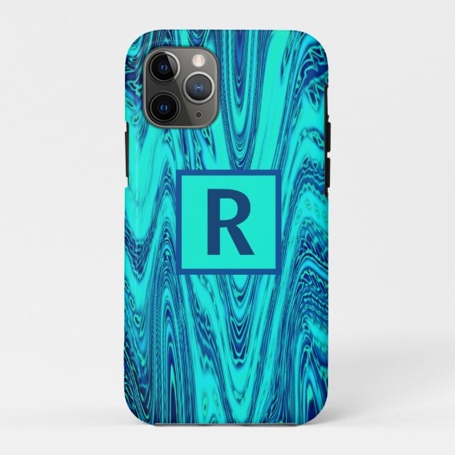 Teal Blue Wavy Abstract Patterns Monogram Initials Case-Mate iPhone Case (Back)