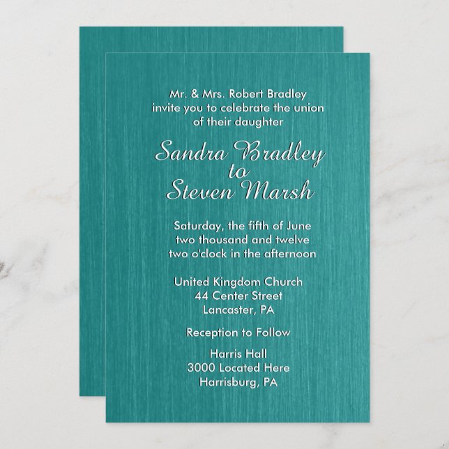 Teal Blue Wedding Invitation 5" x 7" (Front/Back)