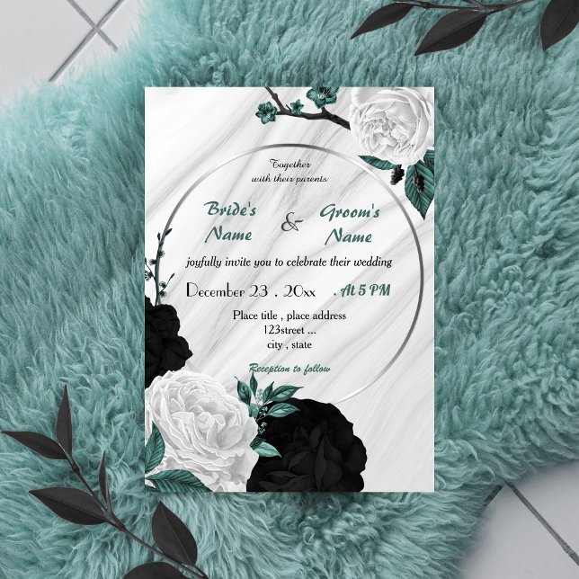teal blue white and black floral wreath wedding invitation (Creator Uploaded)