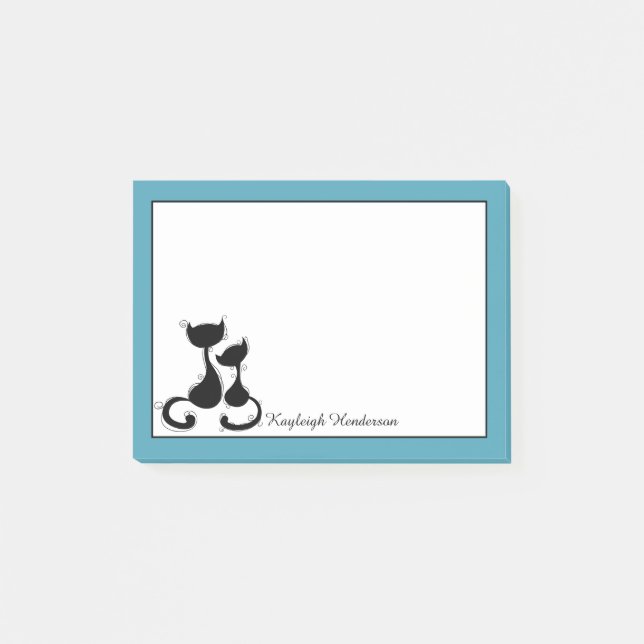 Teal Blue White Black Cats Silhouette Personalised Post-it Notes (Front)