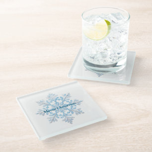 Teal Blue White Christmas Snowflake Glass Coaster