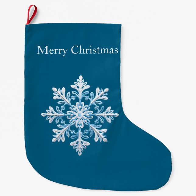 Teal Blue White Christmas Snowflake Large Christmas Stocking (Front)