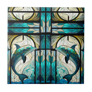 Teal Blue White Dolphin Faux Mosaic Stained Glass Tile