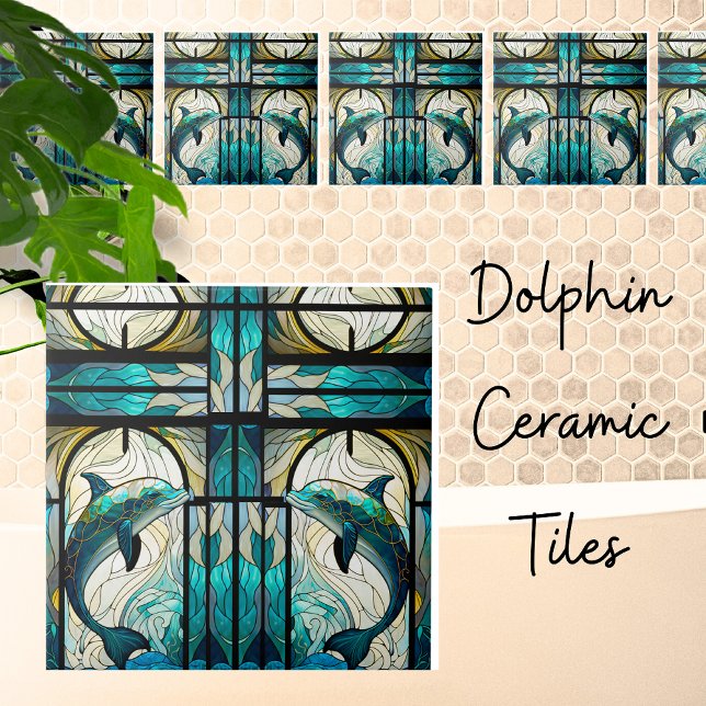 Teal Blue White Dolphin Faux Mosaic Stained Glass Tile (Creator Uploaded)