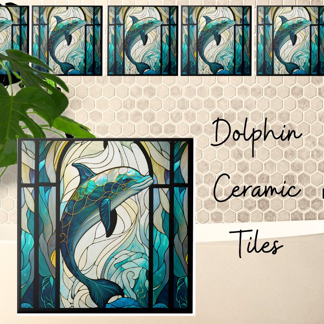 Teal Blue White Dolphin Faux Mosaic Stained Glass Tile (Creator Uploaded)