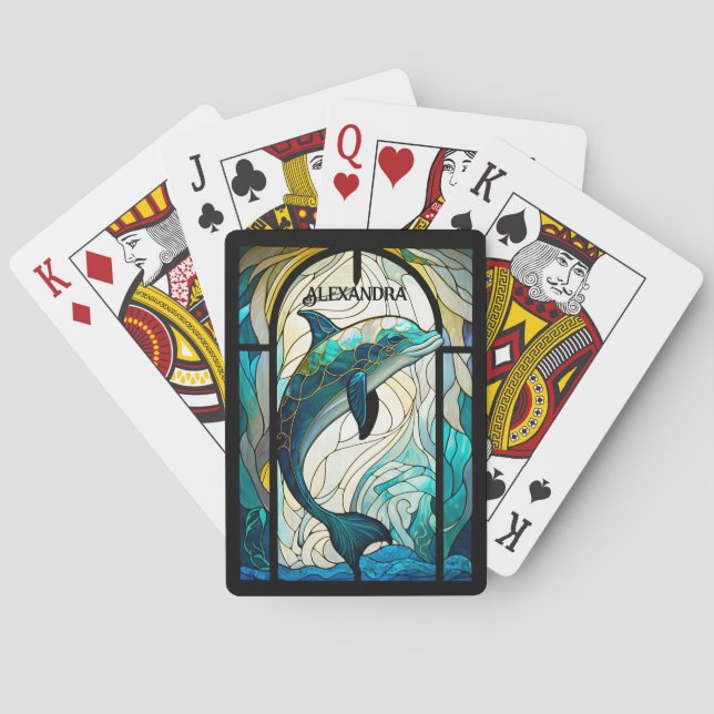 Teal Blue White Dolphin Look of Stained Glass Playing Cards (Back)