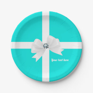 Teal Blue & White Elegant Glam Diamond Bow Paper Plate