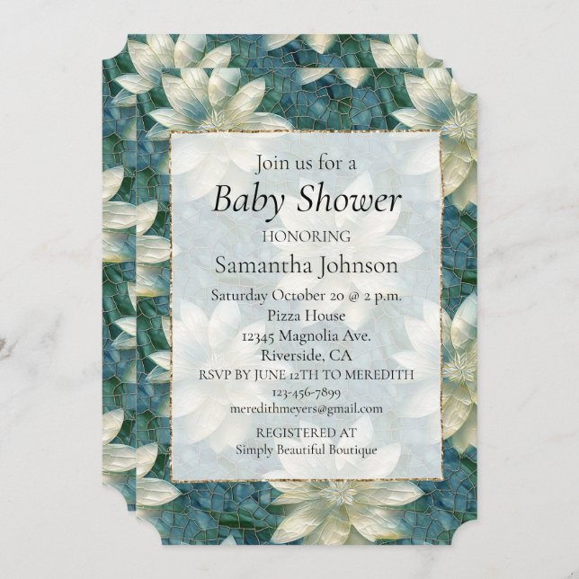 Teal Blue White Floral Invitation (Front/Back)