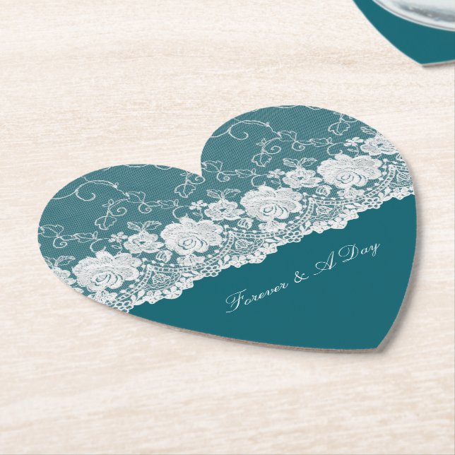 Teal Blue White Floral Lace Wedding Paper Coaster (Angled)