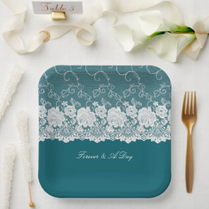 Teal Blue White Floral Lace Wedding Paper Plate