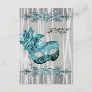 Teal Blue White Masquerade Party RSVP Card