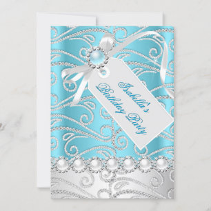 Teal Blue White Pearl Diamonds Birthday Party 4 Invitation