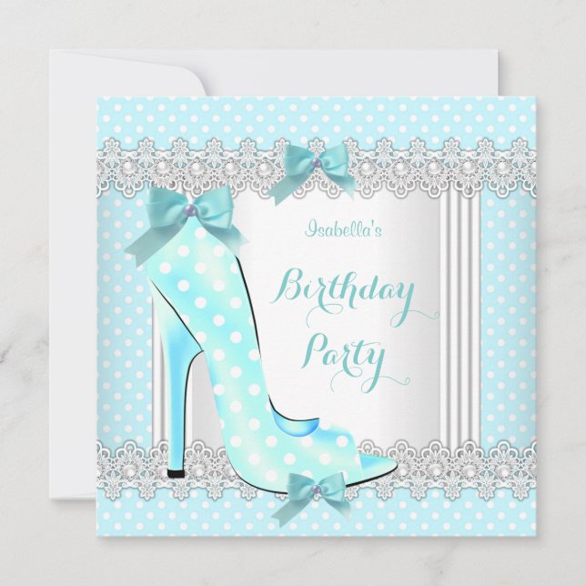 Teal Blue White Polka Dot High Heel Birthday Party Invitation (Front)