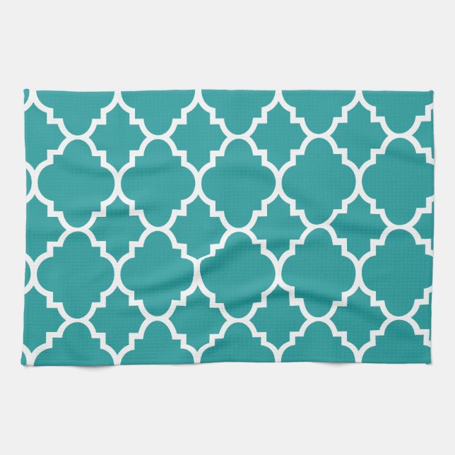 Teal Blue White Quatrefoil Moroccan Pattern Tea Towel (Horizontal)