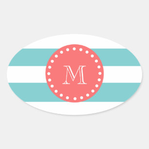Teal Blue White Stripes Pattern, Coral Monogram Oval Sticker