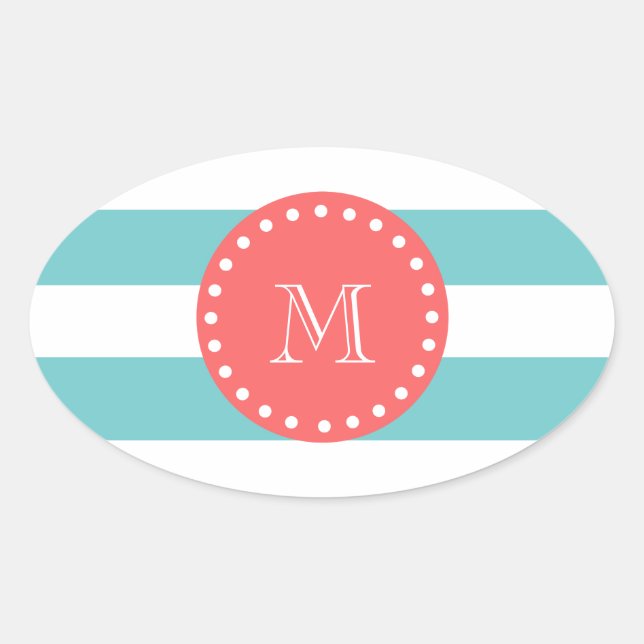 Teal Blue White Stripes Pattern, Coral Monogram Oval Sticker (Front)