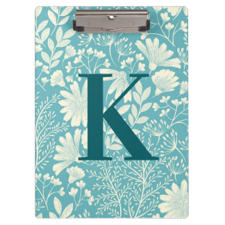 Teal Blue White Vintage Floral Pattern Monogram Clipboard