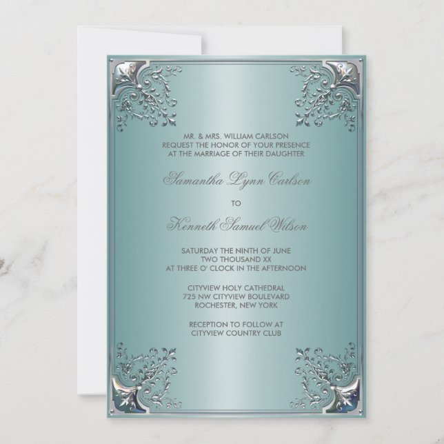 Teal Blue White Wedding Invitations (Front)