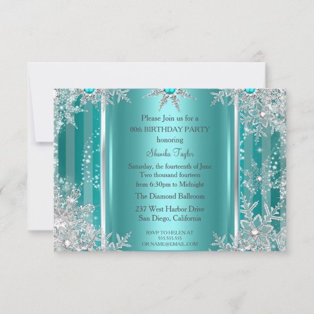Teal Blue Winter Wonderland Snowflake Silver 3 RSVP Card (Front)