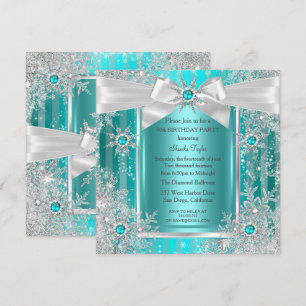 Teal Blue Winter Wonderland Snowflake Silver Bow Invitation