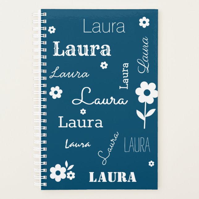Teal Blue with White Flowers, Custom Name Planner (Front)