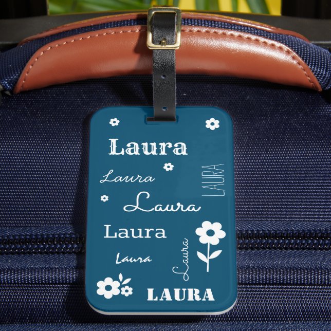 Teal Blue with White Flowers, Customised Luggage Tag (Front Insitu 2)