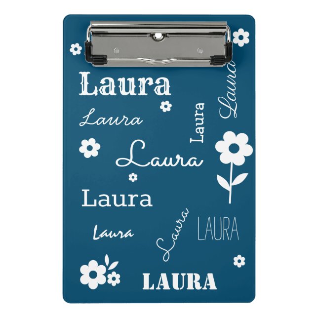 Teal Blue with White Flowers, Customised Mini Clipboard (Front)