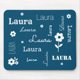 Teal Blue with White Flowers, Customised Mouse Pad
