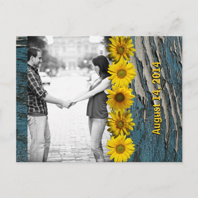 Teal Blue Wood Look Sunflower Photo Save the Date Announcement Postcard (Front)