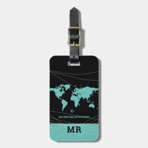 teal-blue world map international travel identify luggage tag