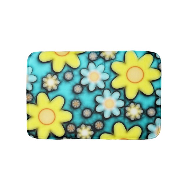 Teal Blue & Yellow Floral Girly Pattern Bath Mat (Front)