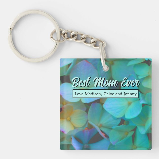 Teal blue yellow pink hydrangeas flowers best mum key ring (Front)