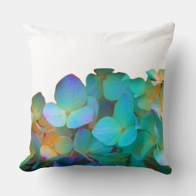 Teal blue yellow pink hydrangeas flowers floral cushion (Front)