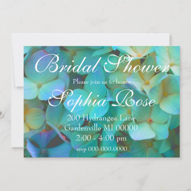 Teal blue yellow pink hydrangeas flowers floral invitation (Front)