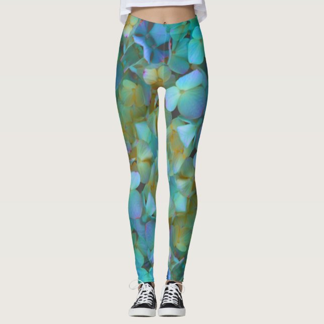Teal blue yellow pink hydrangeas flowers floral leggings (Front)