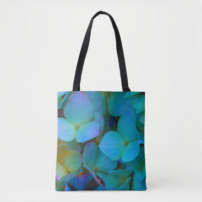 Teal blue yellow pink hydrangeas flowers floral tote bag (Front)