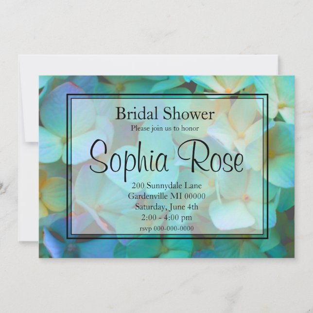 Teal blue yellow pink hydrangeas flowers invitation (Front)