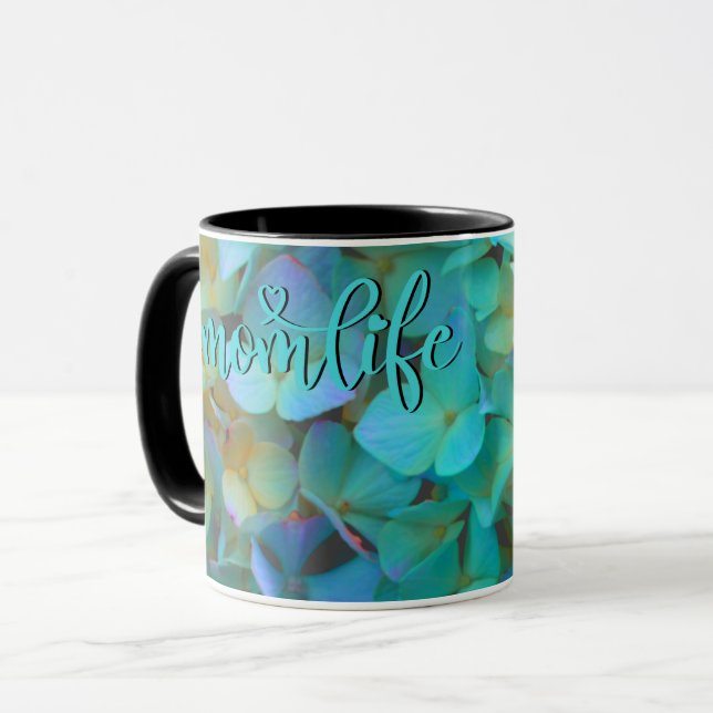 Teal blue yellow pink hydrangeas flowers #momlife mug (Front Left)