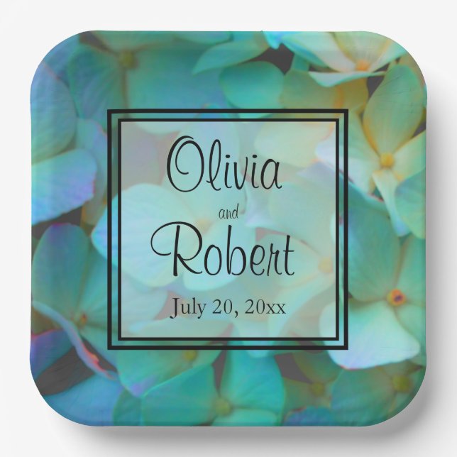 Teal blue yellow pink hydrangeas flowers paper plate (Front)