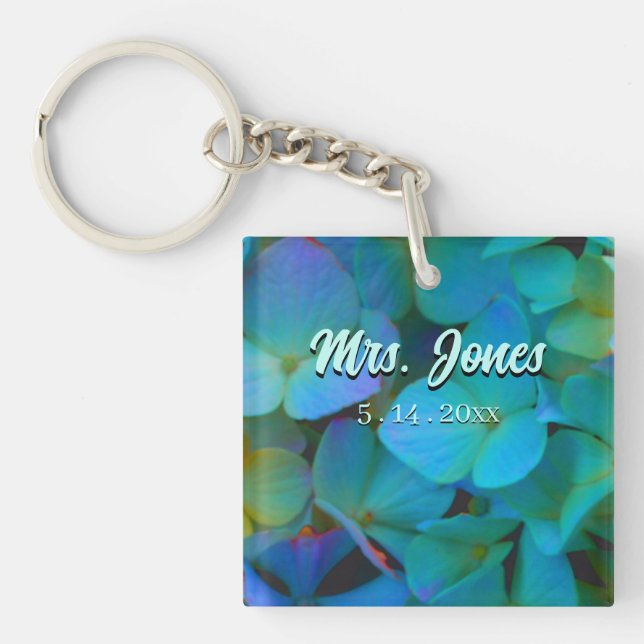 Teal blue yellow pink hydrangeas flowers The Bride Key Ring (Front)