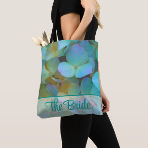 Teal blue yellow pink hydrangeas flowers tote bag